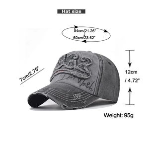 Spécifications de taille pour casquette 1962 délavée avec détails de mesure