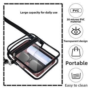 Detail view of clear PVC crossbody bag showing capacity with sunglasses and wallet inside