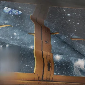 Close-up detail of outer space tapestry showing nebula print and twill fabric texture