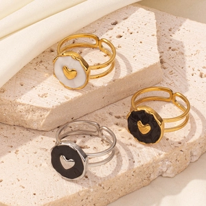 French style 304 stainless steel open ring with oil-dripping heart design in gold and silver