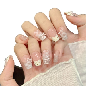 Pink press-on nails with white 3D bows, lattice patterns and pearls for women