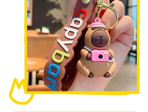 Close-up of cute brown capybara keychain with pink camera accessory and colorful wristlet