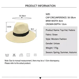Chapeau de soleil pliable en paille avec dimensions de 56-58cm et bord large de 8cm