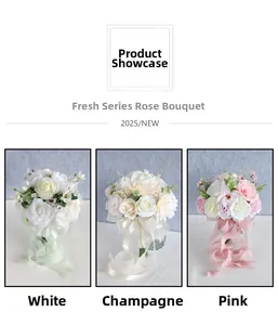 Three-color bridal bouquet set with white, champagne, and pink faux roses with ribbons