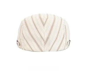Detail view of the back of a striped ivy cap featuring adjustable metal side buckles