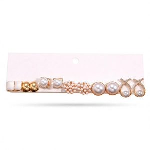Elegant 12-piece set of pearl and rhinestone geometric stud earrings in gold and white