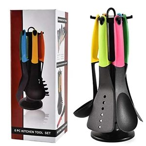 6-piece colorful nylon kitchen tool set with a rotating storage stand and dishwasher safe tools