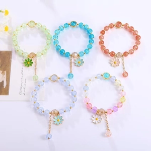 Handmade Crystal Glass Beaded Bracelet With Daisy Flower Pendant Crackle Beads For Women Girls Sweet Korean Style