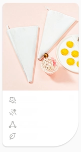Close-up of white cotton piping bags with reinforced stitching and hanging loops