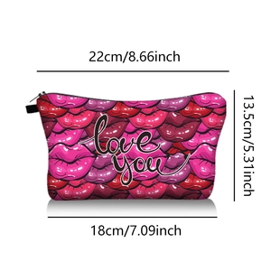 Digital heart print makeup bag with Love You text and detailed size dimensions