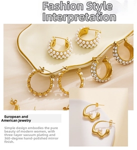 Detail of 3-layer vacuum plated gold hoop earrings with pearls and hand-polished finish