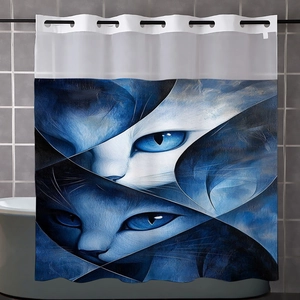 Close-up of blue psychedelic cat eye print on waterproof waffle fabric shower curtain