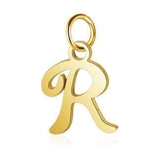 Polished golden stainless steel letter R pendant with connector ring on white background