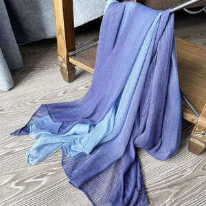 Long silk scarf with blue-purple gradient and elegant pleated texture for women