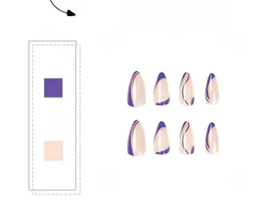 Detail of purple almond press on nails with elegant hand-painted minimalist swirl lines