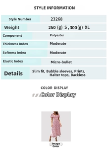 Detailed fabric specification of pink floral puff sleeve dress with sizing and weight details