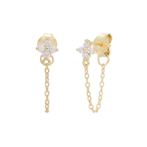 Macro detail of S925 sterling silver stamp on golden flower chain earrings with zircon