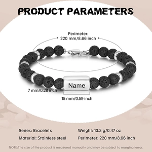 8mm black lava stone bead bracelet with custom engraved stainless steel name plate