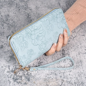 Women Long Wallet Floral Embossed PU Leather Zipper Around Clutch Bag With Wristlet Strap Large Capacity Card Slots Phone Pocket