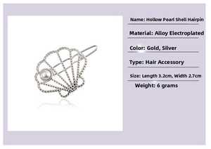 Detail of hollow scallop hair clip with pearl showing dimensions 3.2cm by 2.7cm