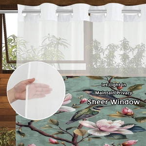 Detailed view of hummingbirds and flowers on a sheer waffle weave shower curtain