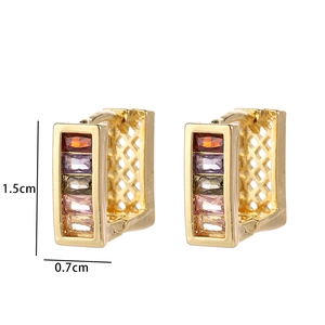 Detail view of 1.5cm gold rectangular earrings with multi-color zircon stones
