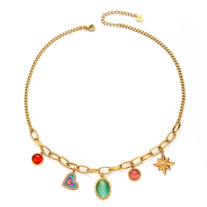 Chic stainless steel gold necklace featuring colorful gemstone charms and heart enamel