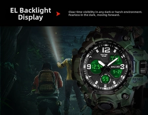Detailed EL green backlight display of tactical dual-display sports watch in the dark