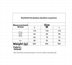 Detailed size chart for the backless velvet maxi dress with halter neckline dimensions