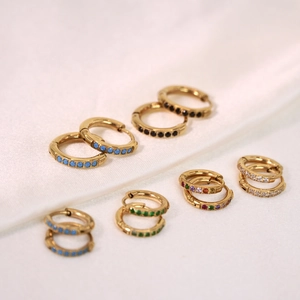 Minimalist 14K gold stainless steel hoop earrings with colorful zircon stones