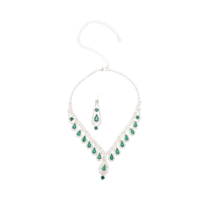 Silver drop necklace and earring set with green gems and tassel detailing