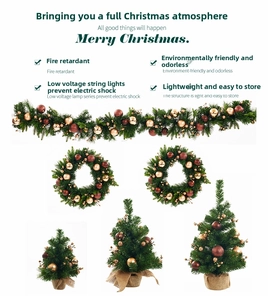Christmas tree wreath and garland set with pine cones and golden baubles on white background