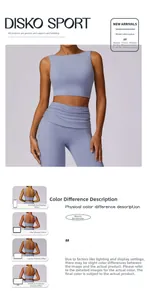 Detail of high-waist ruched yoga leggings and crop top in dusty blue high-stretch fabric