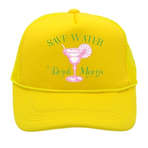 Detailed view of the yellow mesh trucker hat with Save Water Drink Margs print