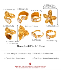 Detailed view of 8pcs stainless steel ring set with pearls and tiger eye floral designs