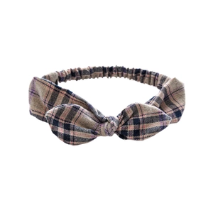Elastic plaid rabbit ear headband with beige cotton fabric and bow knot design