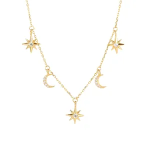 925 Sterling Silver Star Moon Pendant Necklace For Women Zirconia Inlaid Electroplated Eight Pointed Star Choker Jewelry