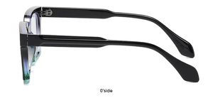 Side view of square sunglasses featuring black and teal gradient matte frame and hinges