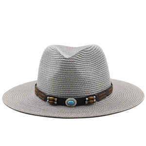 Classic grey straw panama hat with turquoise leather band for summer sun protection