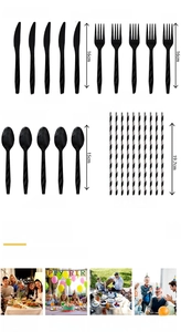 Detailed size specifications for 10-piece black plastic matte cutlery set and straws