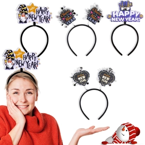 Detailed view of four Happy New Year headbands featuring stars and festive slogans
