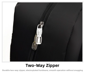 Close-up of the smooth two-way metal zippers and textured fabric on the black backpack