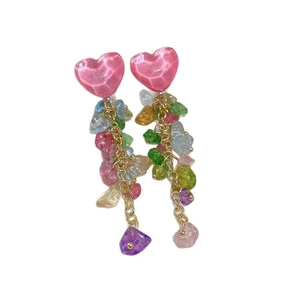 Pink heart and multicolor gemstone beaded tassel earrings with elegant gold chain link