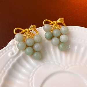 Vintage French style grape earrings with gold bow and light green jade beads