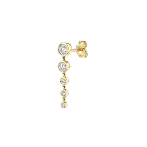 Elegant gold drop earrings with five graduated sparkling diamonds on a white background