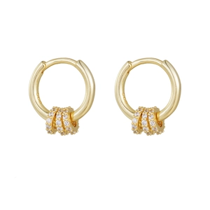 925 silver gold plated hoop earrings with three zircon rings on white background