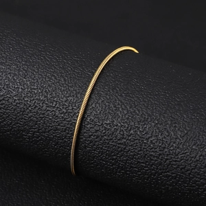 Macro shot of gold-plated stainless steel snake chain texture on a black stand