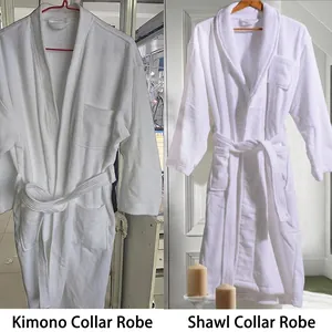 White cotton hotel bathrobes with shawl and kimono collar designs for spa and home