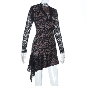 Detail of black lace long sleeves and deep V-neckline with intricate floral patterns