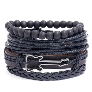 Multilayer Leather Braided Bracelet With Alloy Guitar Charm And Wood Beads Retro Punk Style Jewelry For Men Women